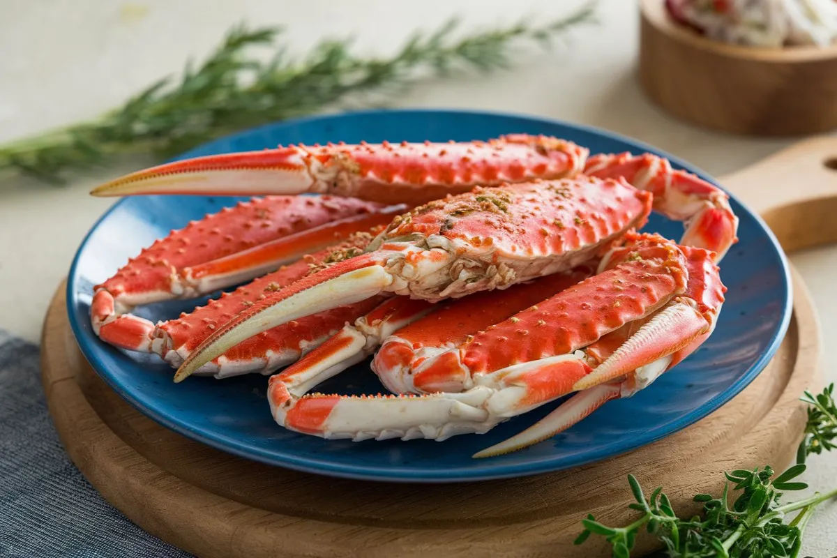 What is the best way to cook frozen snow crab legs? 1 Delicious frozen snow crab legs steamed and served with melted butter and lemon wedges on a plate.