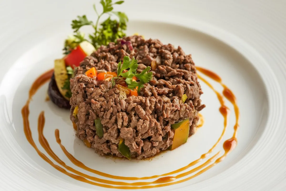 How to cook ground beef fine? 1 A skillet of finely cooked ground beef with a wooden spoon breaking up the meat into small, even crumbles.