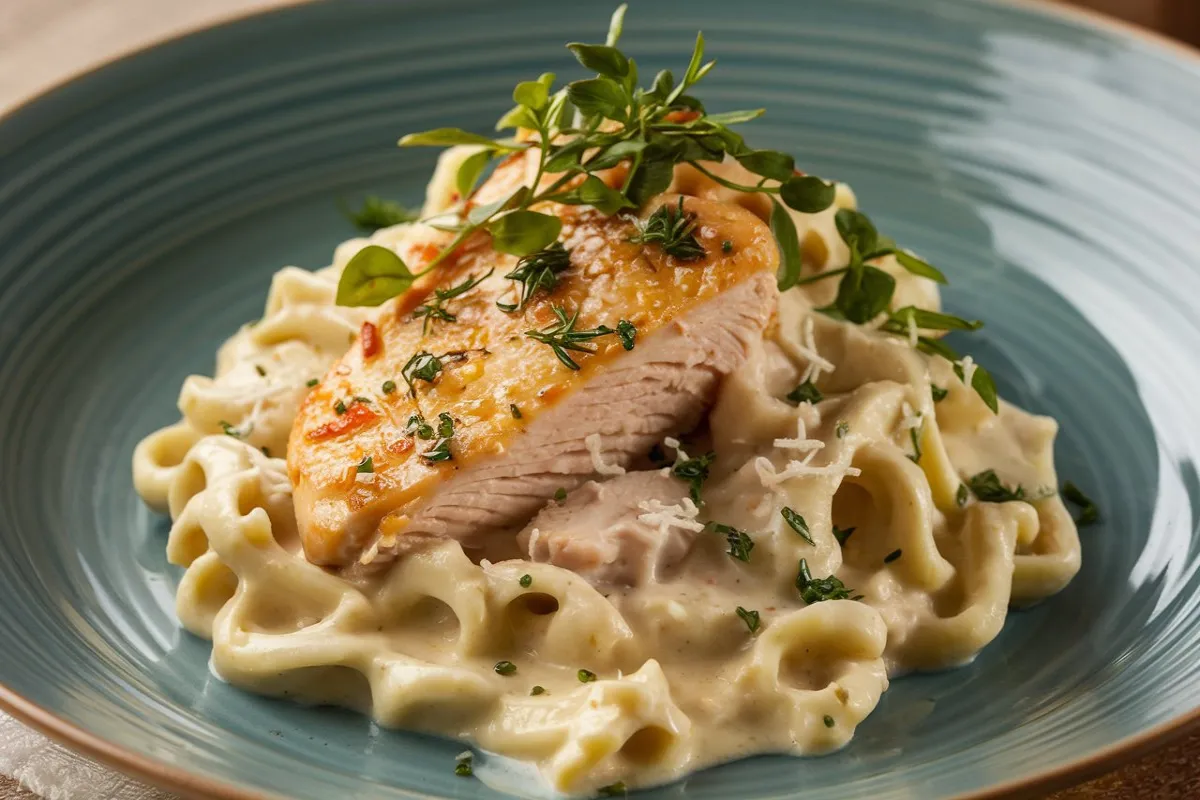 chicken alfredo recipe 1 Plate of creamy Chicken Alfredo pasta topped with Parmesan and garnished with parsley