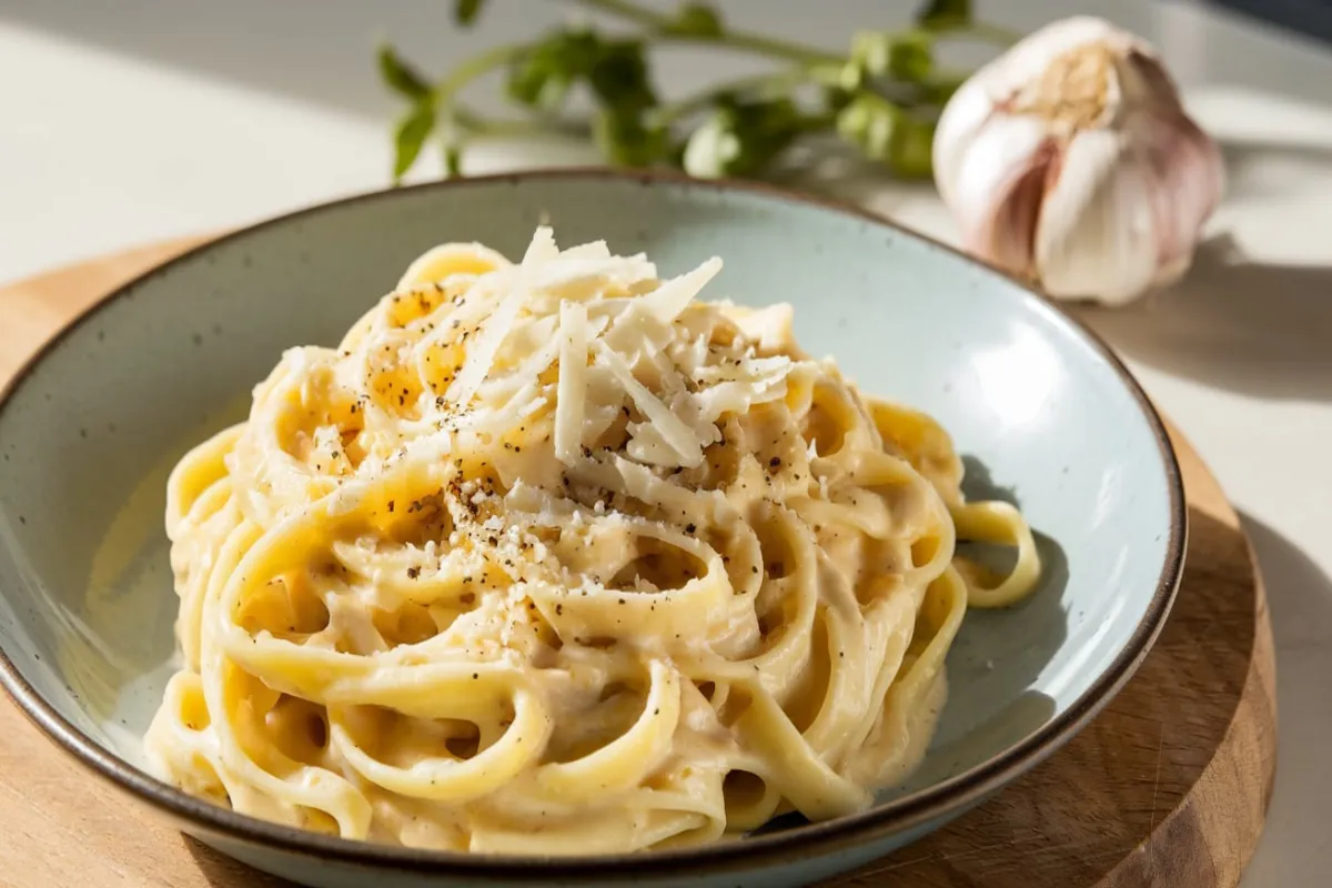 What can I add to Alfredo sauce to make it taste better? 1 A creamy Alfredo sauce in a pan with added herbs, spices, and vegetables, showcasing ways to enhance its flavor.