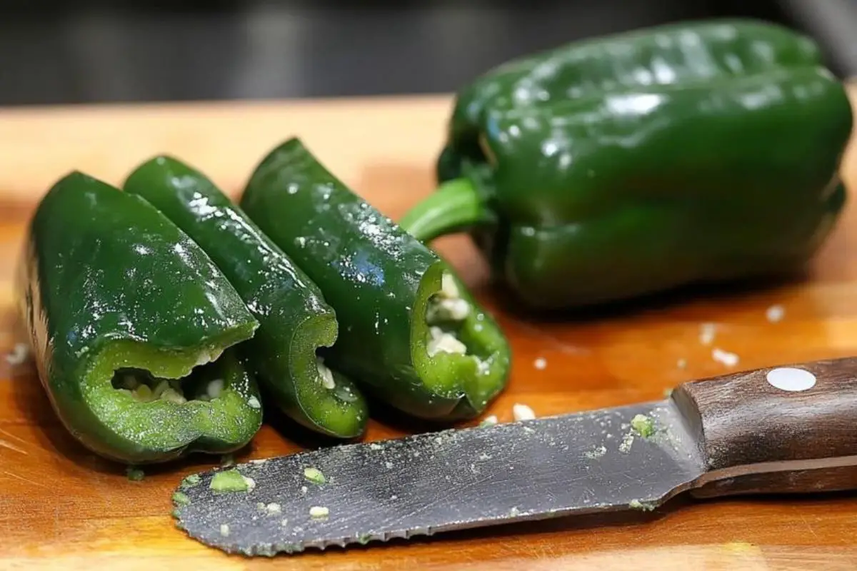 How to cut poblano peppers for stuffing? 1 A set of essential tools including a paring knife, tongs, and spoon used for preparing and stuffing poblano peppers.