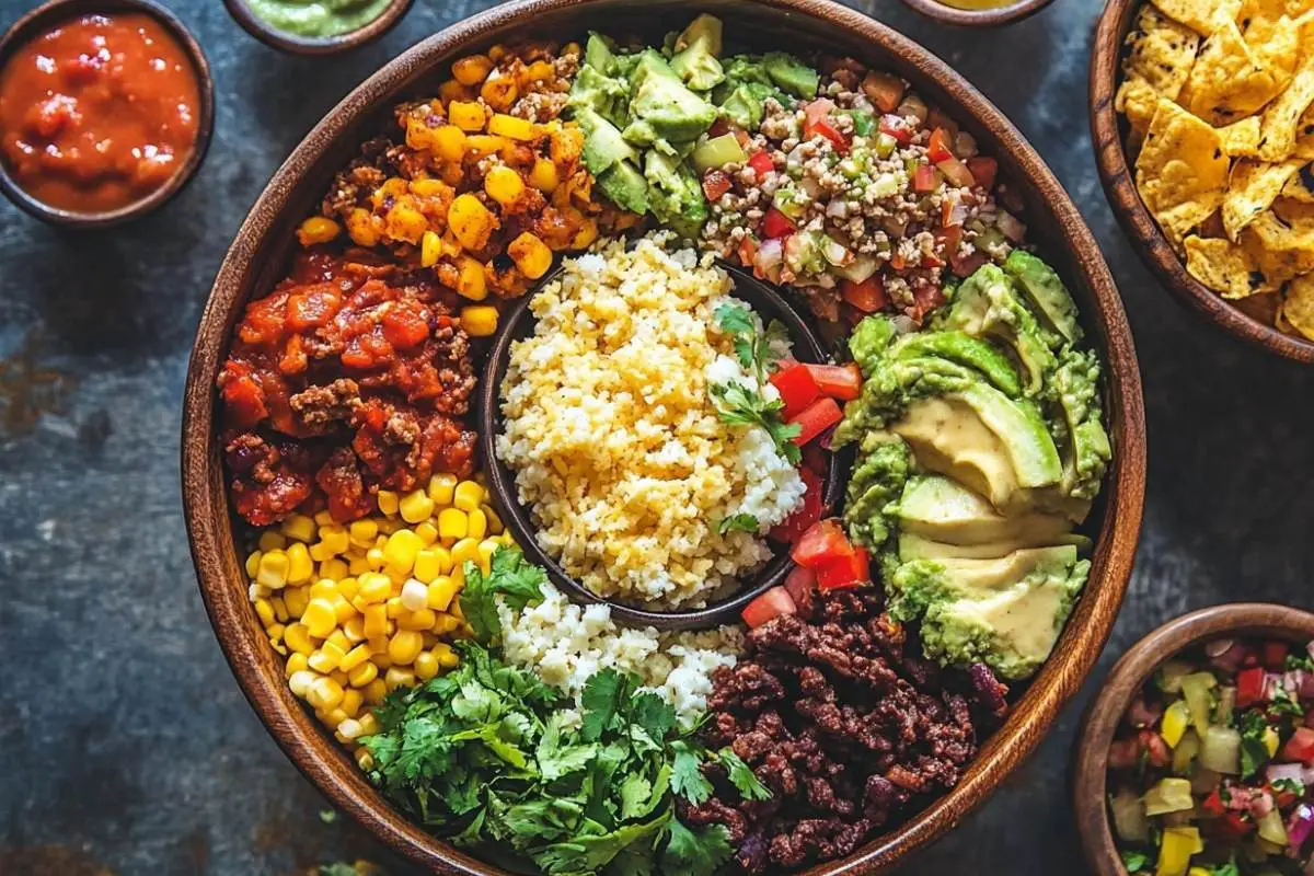What are taco bowls made of? 1 "Taco bowl ingredients including ground beef, rice, beans, cheese, salsa, and guacamole in a colorful bowl"