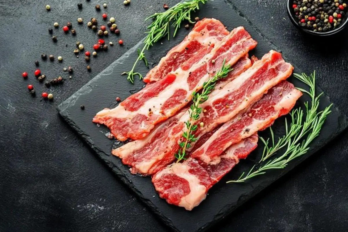Is beef bacon healthy? 1 A plate of crispy beef bacon strips on a wooden table, showcasing a healthier alternative to traditional pork bacon.