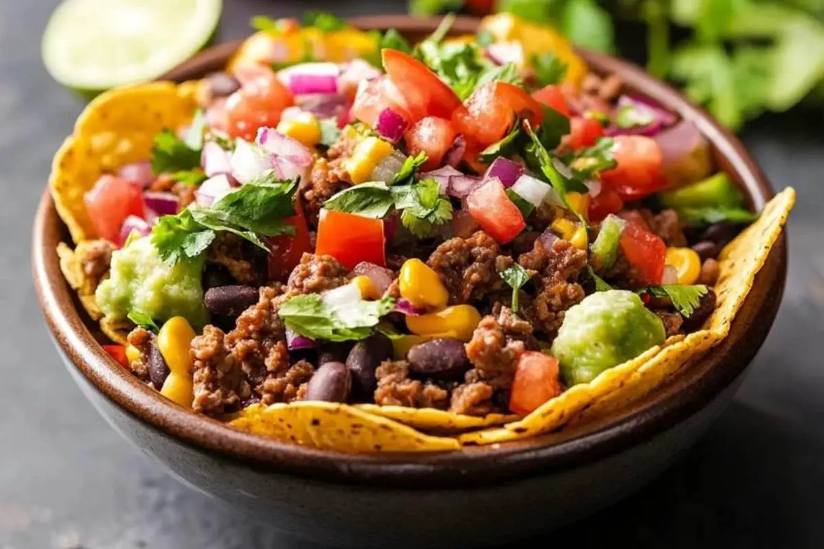 What's the difference between a tostada and a taco bowl? 1 "A colorful taco bowl filled with grilled chicken, beans, rice, lettuce, salsa, and avocado for a balanced meal"