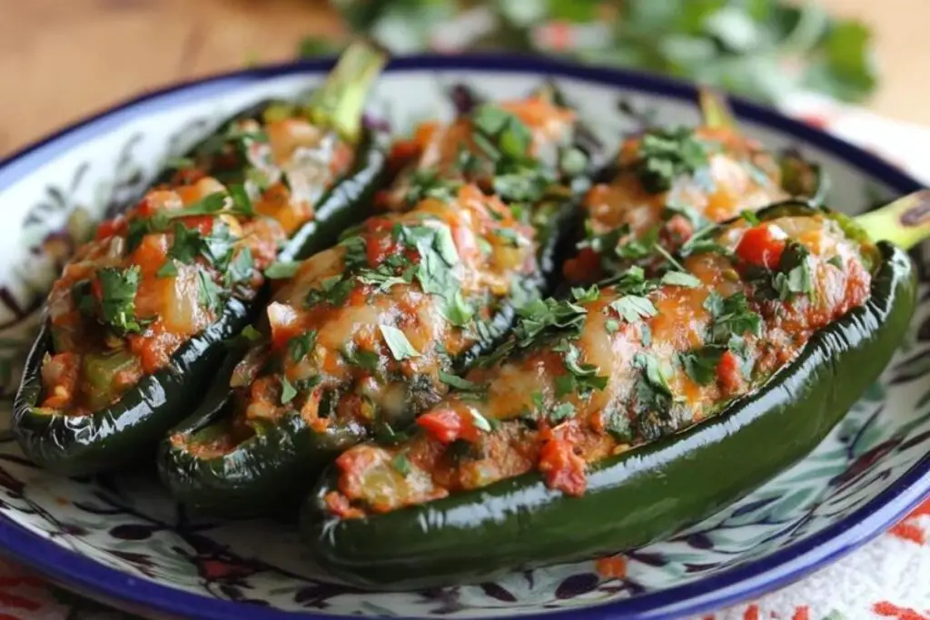 Roasted stuffed poblano peppers filled with cheese and ground beef, garnished with fresh cilantro and lime slices.