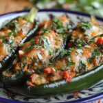 stuffed poblano peppers 9 Roasted stuffed poblano peppers filled with cheese and ground beef, garnished with fresh cilantro and lime slices.