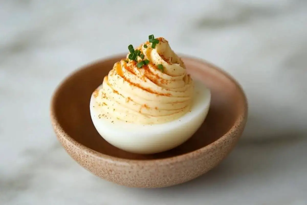 What is deviled egg filling made of? 1 "Gourmet deviled eggs with truffle oil, smoked salmon, and caviar garnished with fresh herbs on a white serving plate."