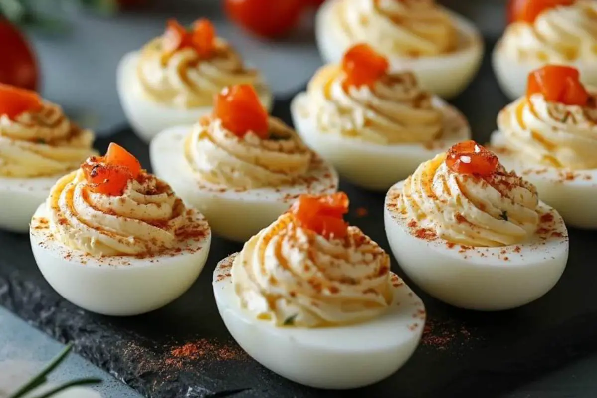 Is it better to make deviled eggs day before or day of? 1 A plate of freshly made deviled eggs topped with paprika, ready for serving at a gathering.