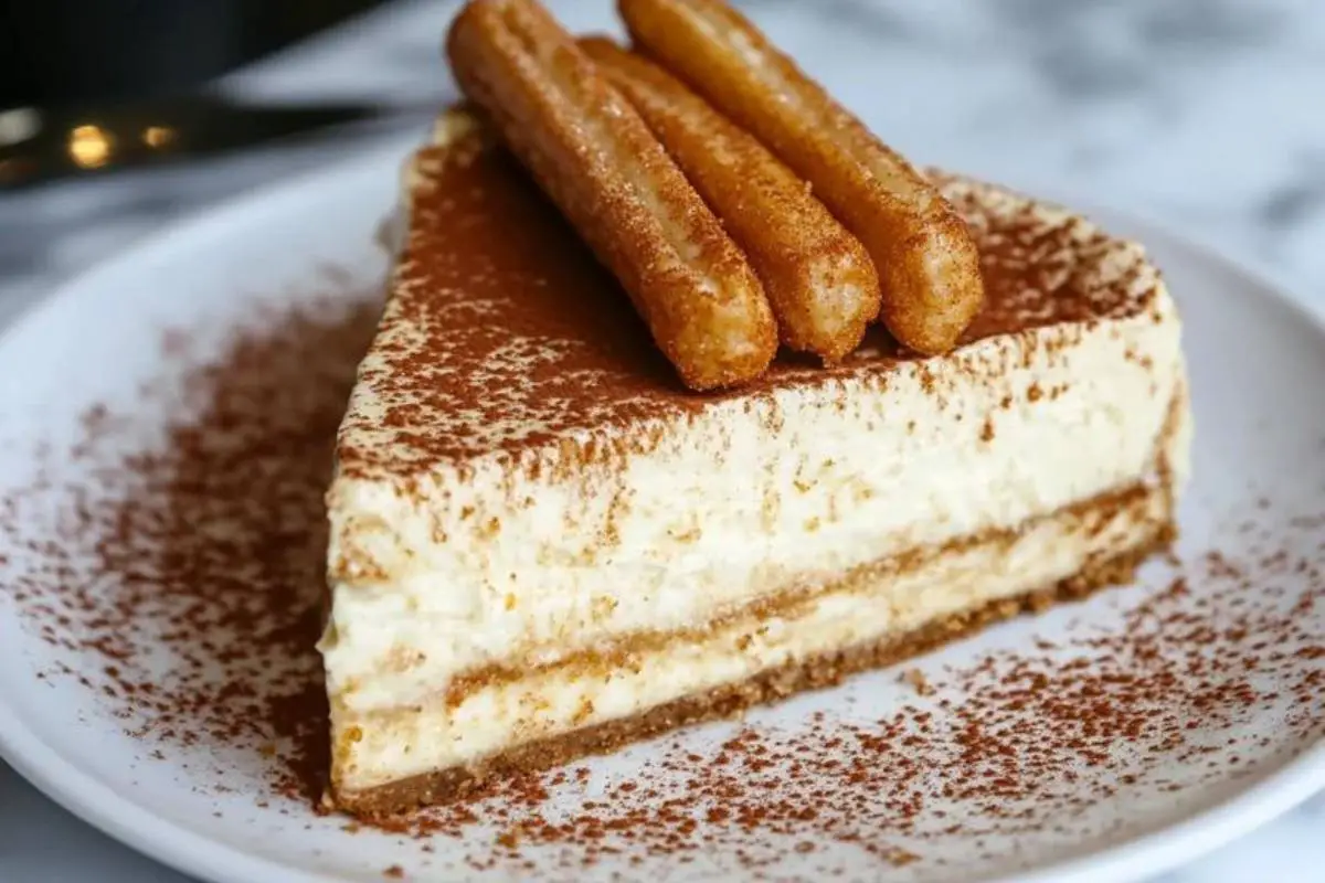 What is churro cheesecake made of? 1 A slice of churro cheesecake with cinnamon sugar topping, layered with cream cheese filling and golden crescent roll crust.