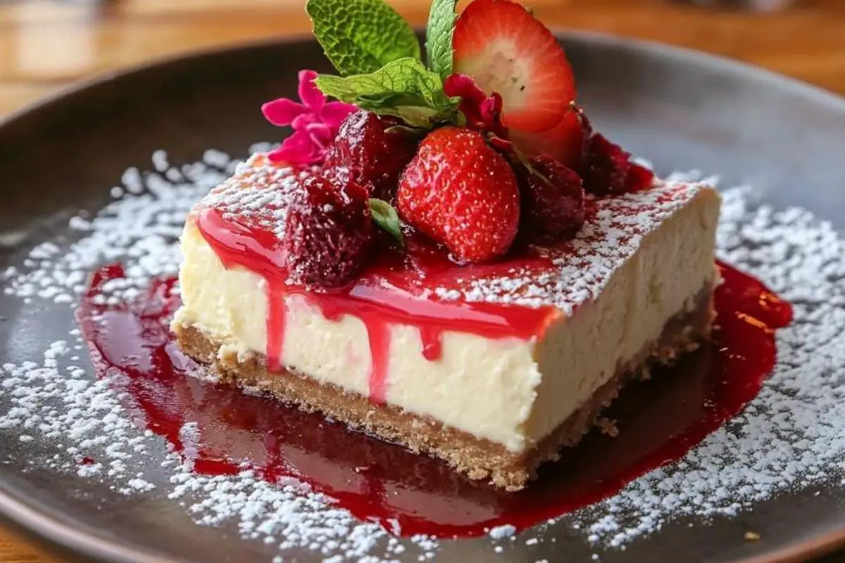 What is Mexican cheesecake made of? 1 A slice of healthy Mexican cheesecake with a golden crust, topped with fresh berries and a drizzle of dulce de leche.