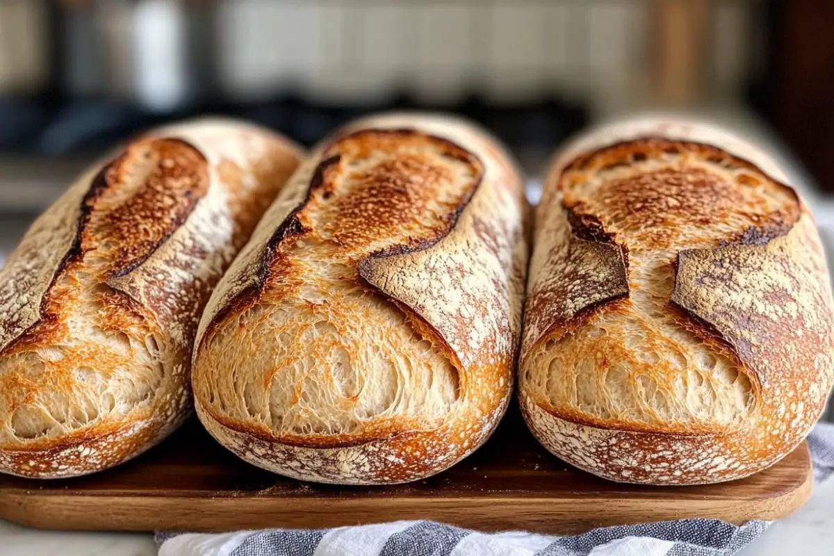 Do you score sourdough sandwich bread? 1 A loaf of freshly baked sourdough sandwich bread with a scored top, resting on a wooden cutting board.