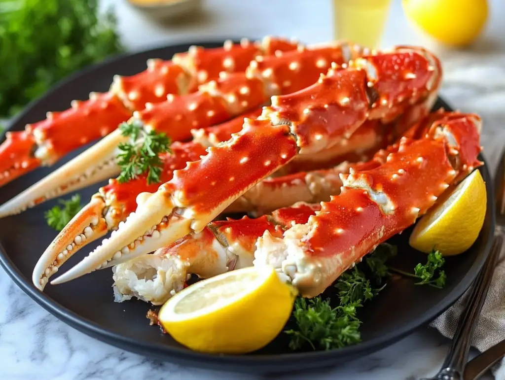 Cooked king crab legs on a platter with butter and lemon for serving