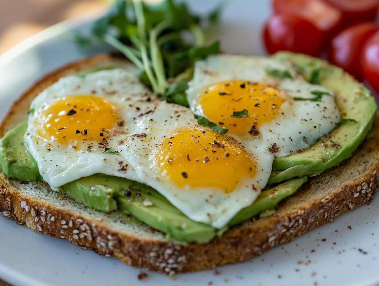 Avocado Toast 1 Creamy avocado spread on crispy toast topped with fresh ingredients like eggs, tomatoes, and herbs.