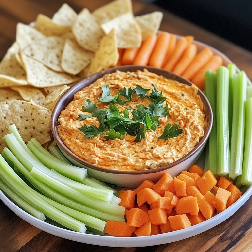 What goes best with buffalo chicken dip? 1 Buffalo chicken dip served with chips, breadsticks, celery, and carrot sticks on a party platter