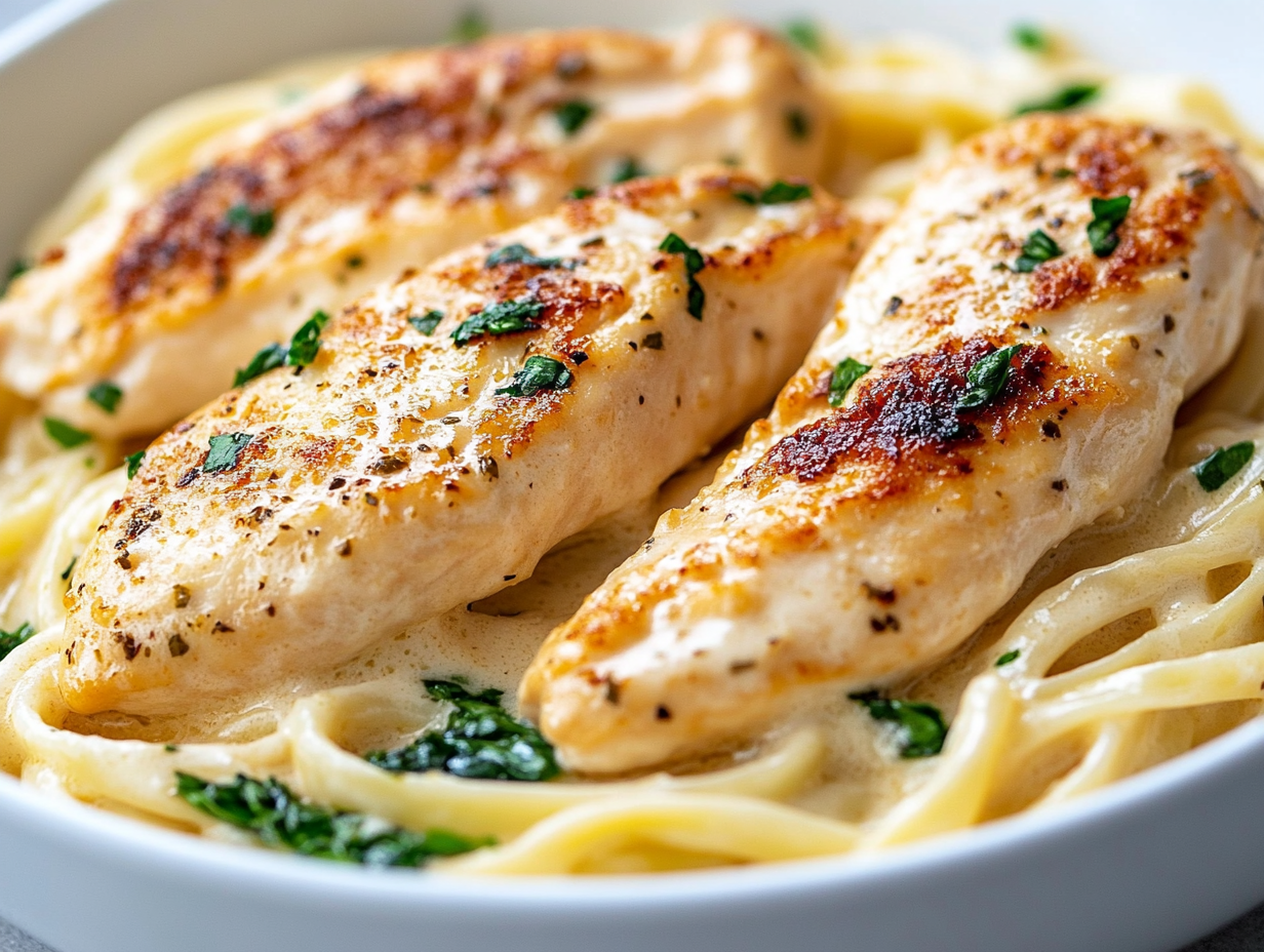 Can you eat Chicken Alfredo on a diet? 1 Healthy version of Chicken Alfredo with low-fat ingredients and whole grain pasta for a balanced, diet-friendly meal