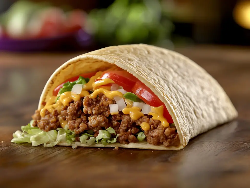 A fresco-style soft chicken taco from Taco Bell, served with black beans and salsa on the side, perfect for Weight Watchers.