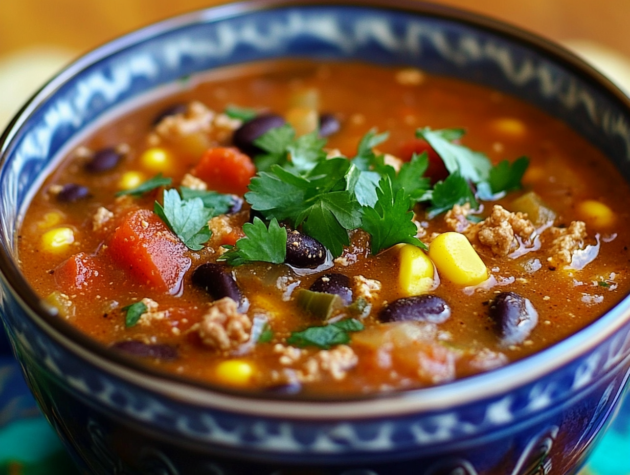 How many calories are in a bowl of taco soup? 1 Bowl of taco soup with lean ground turkey, beans, corn, and tomatoes, topped with fresh cilantro and a lime wedge.