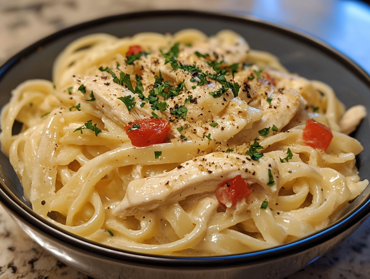 How many calories in a bowl of homemade Chicken Alfredo? 1 Homemade Chicken Alfredo with low-calorie ingredients and healthy pasta substitutes