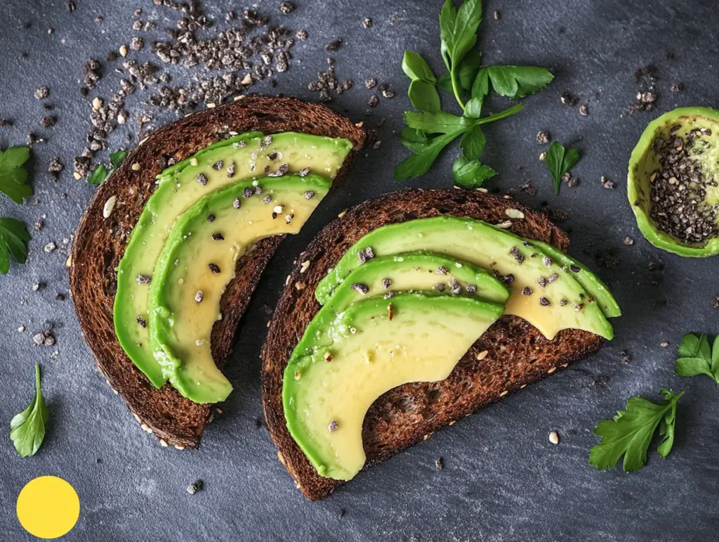 A delicious avocado toast with eggs, tomatoes, and greens on whole-grain bread, highlighting a balanced and healthy meal option.