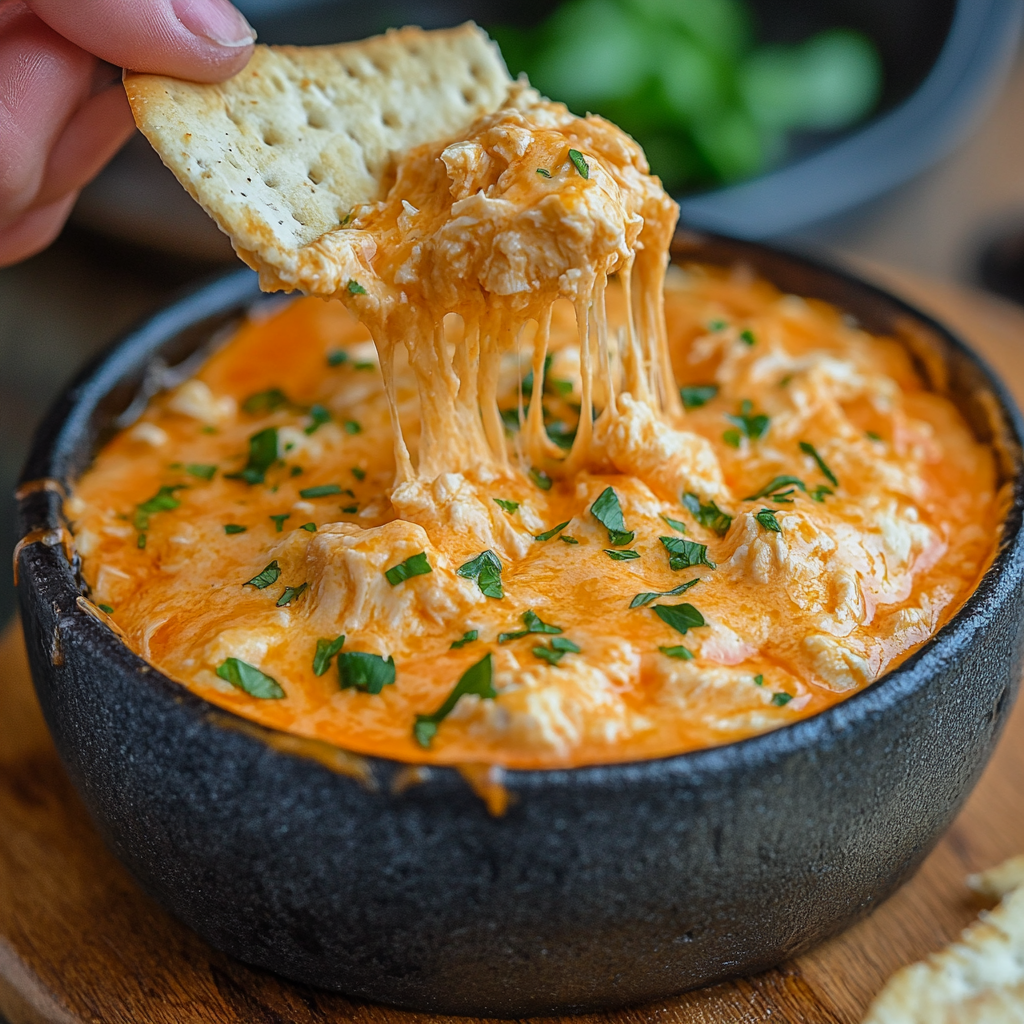 What is buffalo chicken dip made of? 1 Buffalo chicken dip made with shredded chicken, cream cheese, hot sauce, and cheddar cheese, served with tortilla chips.