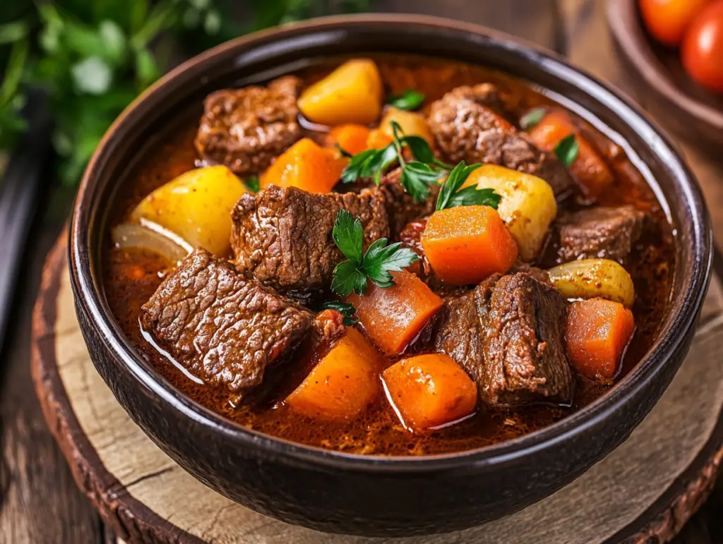 Instant Pot displaying beef stew setting with a rich, hearty stew in progress
