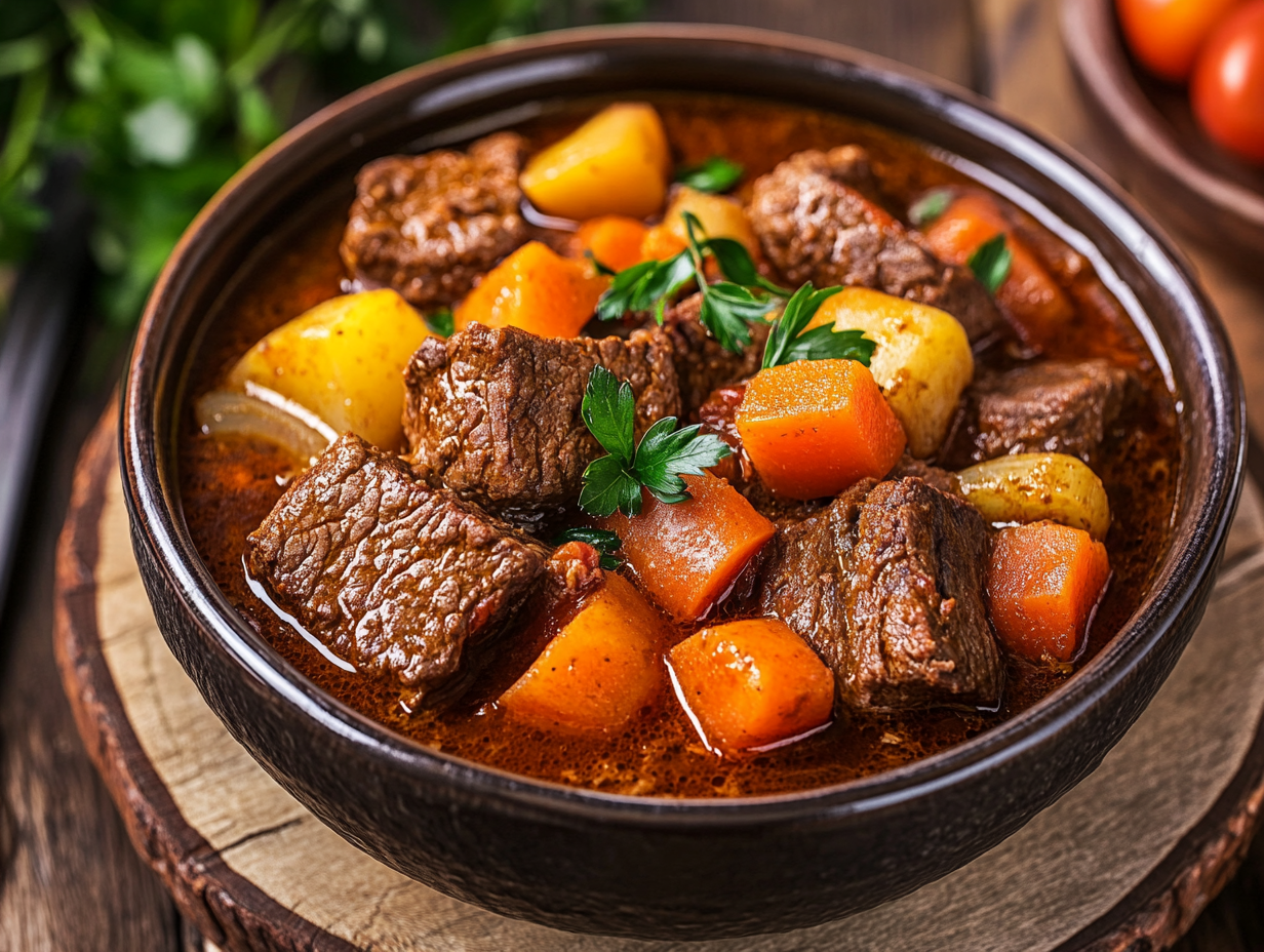 What is the beef stew setting on Instant Pot? 1 Instant Pot displaying beef stew setting with a rich, hearty stew in progress