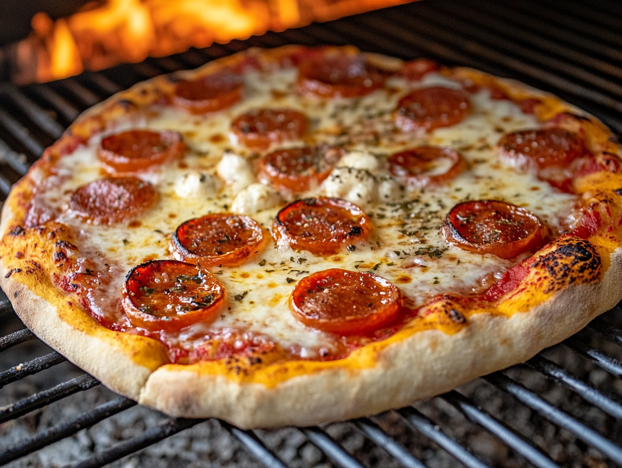 What is the best temperature to cook a pizza? 1 Pizza baking in a home oven with crispy crust and perfectly melted cheese, showing the best temperature to cook pizza for great results.