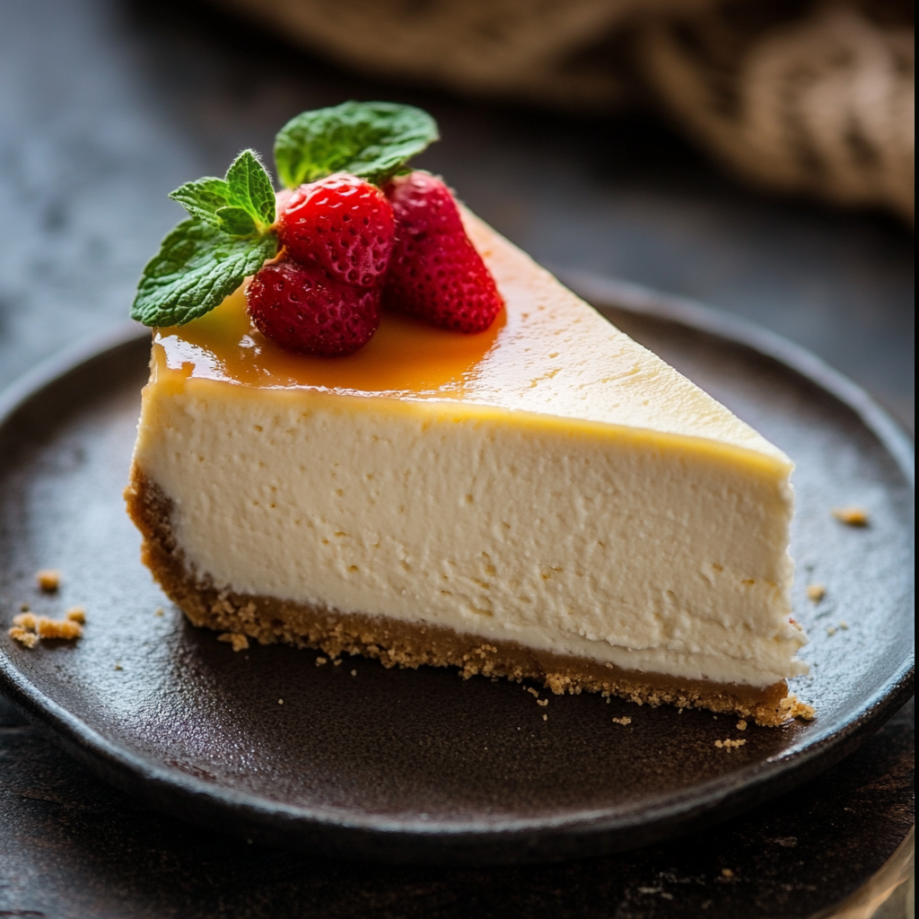 What is the secret to the best cheesecake? 1 A perfectly baked cheesecake with a golden graham cracker crust and creamy filling, topped with fresh fruit and mint.
