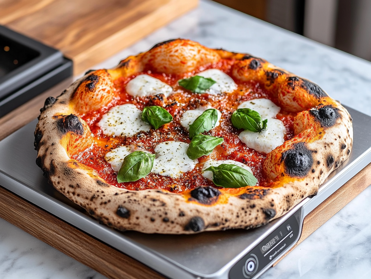 What temperature should I set my Ooni Koda 12 for pizza? 1 Ooni Koda 12 pizza oven with pizza being cooked at high temperature