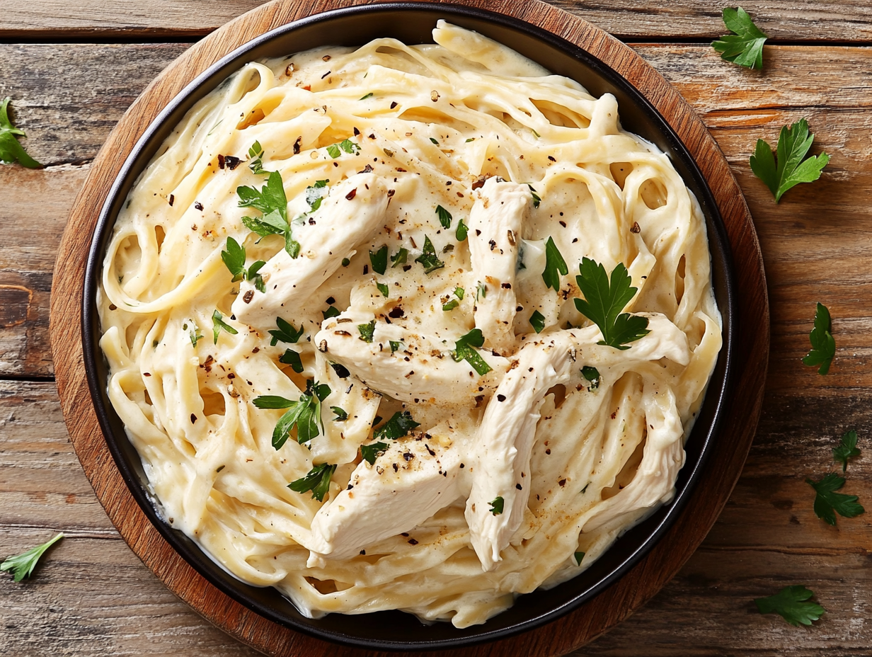 Why does Chicken Alfredo have so many calories? 1 Plate of creamy Chicken Alfredo pasta with grilled chicken and Parmesan cheese.