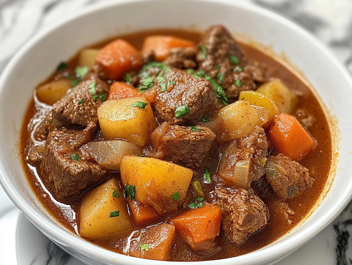 beef stew instant pot 1 A hearty bowl of beef stew made in an Instant Pot, featuring tender beef chunks, potatoes, carrots, and fresh herbs.