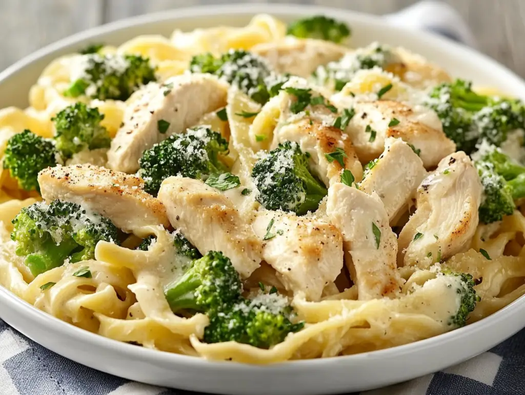 Chicken and broccoli Alfredo without pasta served in a creamy sauce, garnished with fresh herbs in a low-carb, keto-friendly dish.