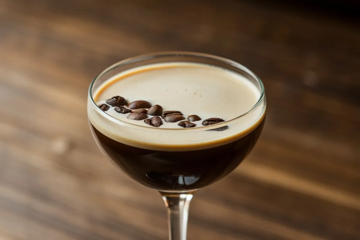 What liquor is best for an espresso martini? 1 An espresso martini in a glass garnished with coffee beans, showcasing the rich, dark color and creamy froth on top.