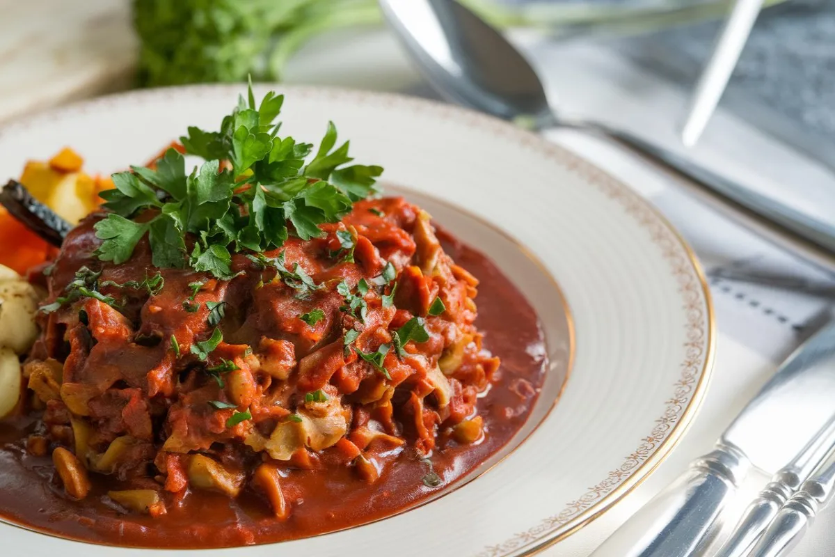 goulash recipe 1 Traditional Hungarian goulash with beef and vegetables in a bowl, rich with paprika and served with fresh bread.