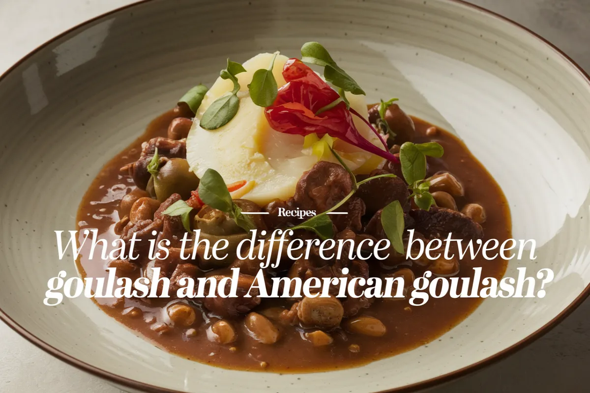 What is the difference between goulash and American goulash? 1 A bowl of traditional Hungarian goulash with chunks of beef, paprika, and vegetables next to a plate of American goulash with macaroni and ground beef.