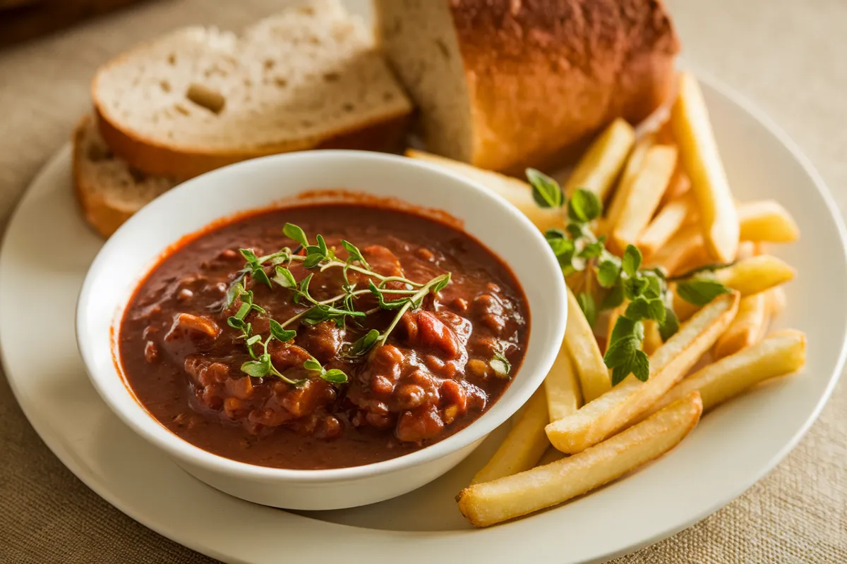 What is goulash sauce made of? 1 A bowl of traditional Hungarian goulash with chunks of beef, vegetables, and a rich paprika-infused sauce.
