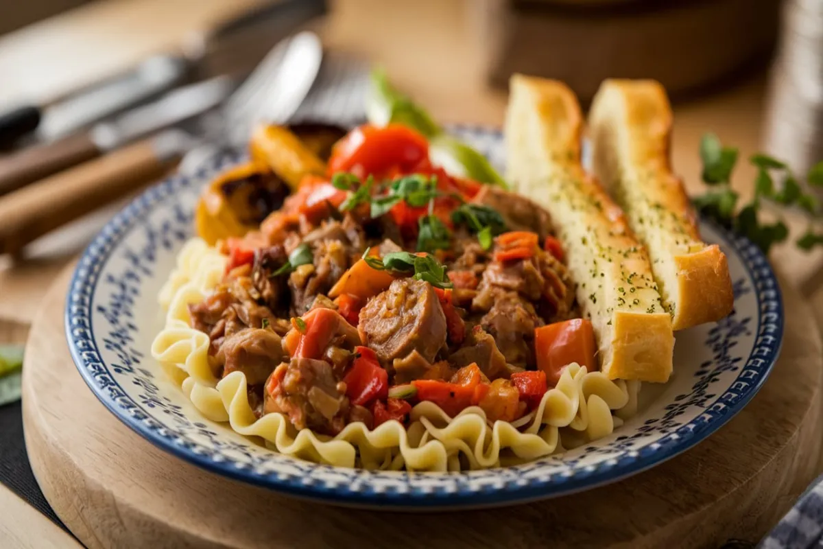 What to serve with goulash? 1 An array of side dishes including garlic bread, salads, and roasted vegetables served alongside a bowl of goulash.