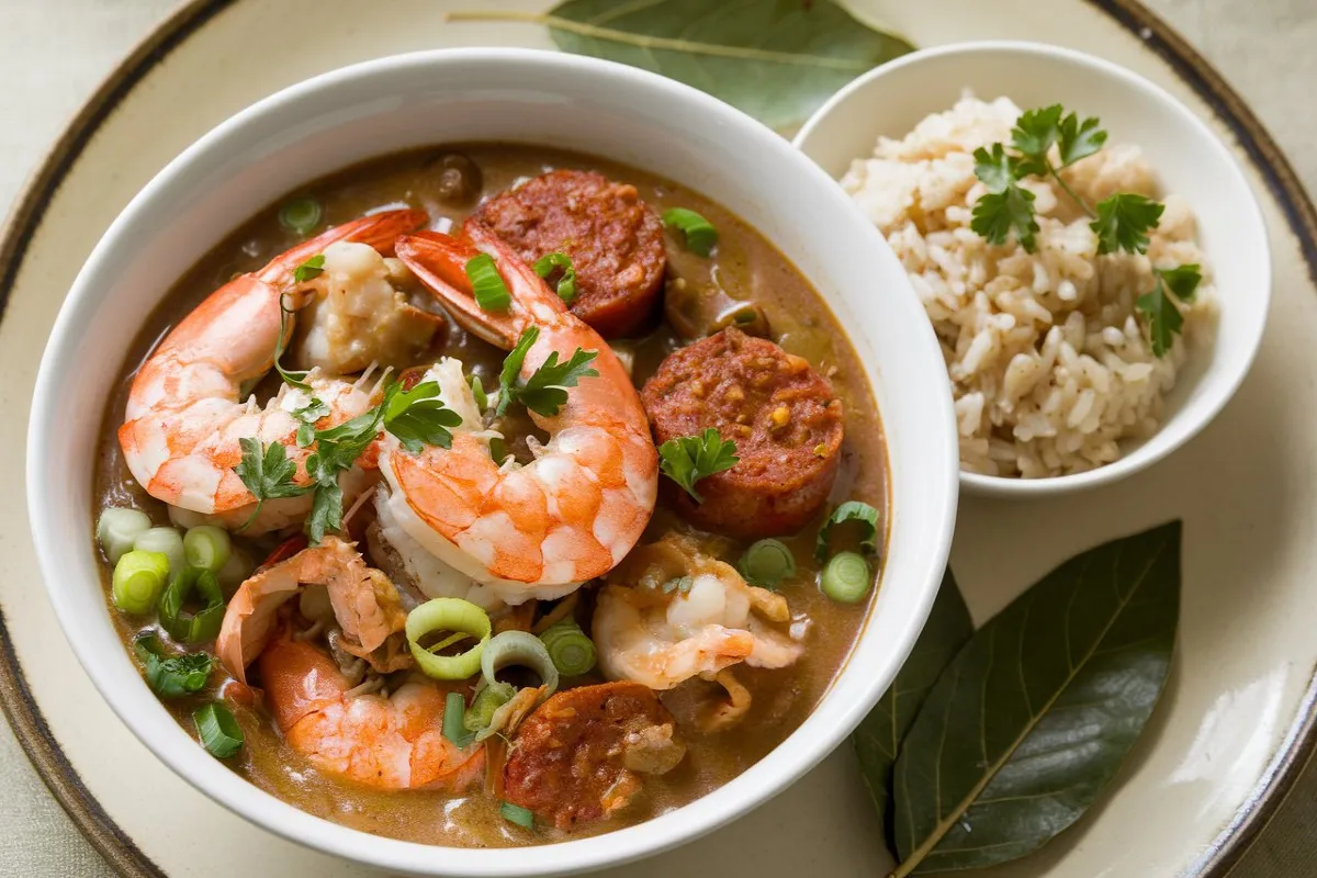 gumbo recipe 1 Authentic Creole and Cajun Gumbo served in a bowl with rice, garnished with green onions and accompanied by French bread