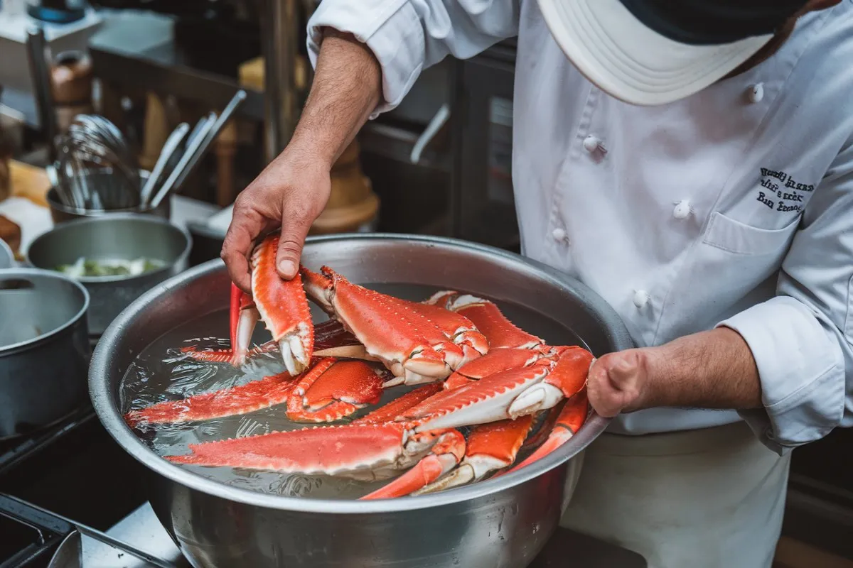 Do you need to thaw frozen crab legs before cooking? 1 Plate of steamed crab legs served with lemon wedges and melted butter, illustrating the importance of thawing frozen crab legs for perfect cooking.