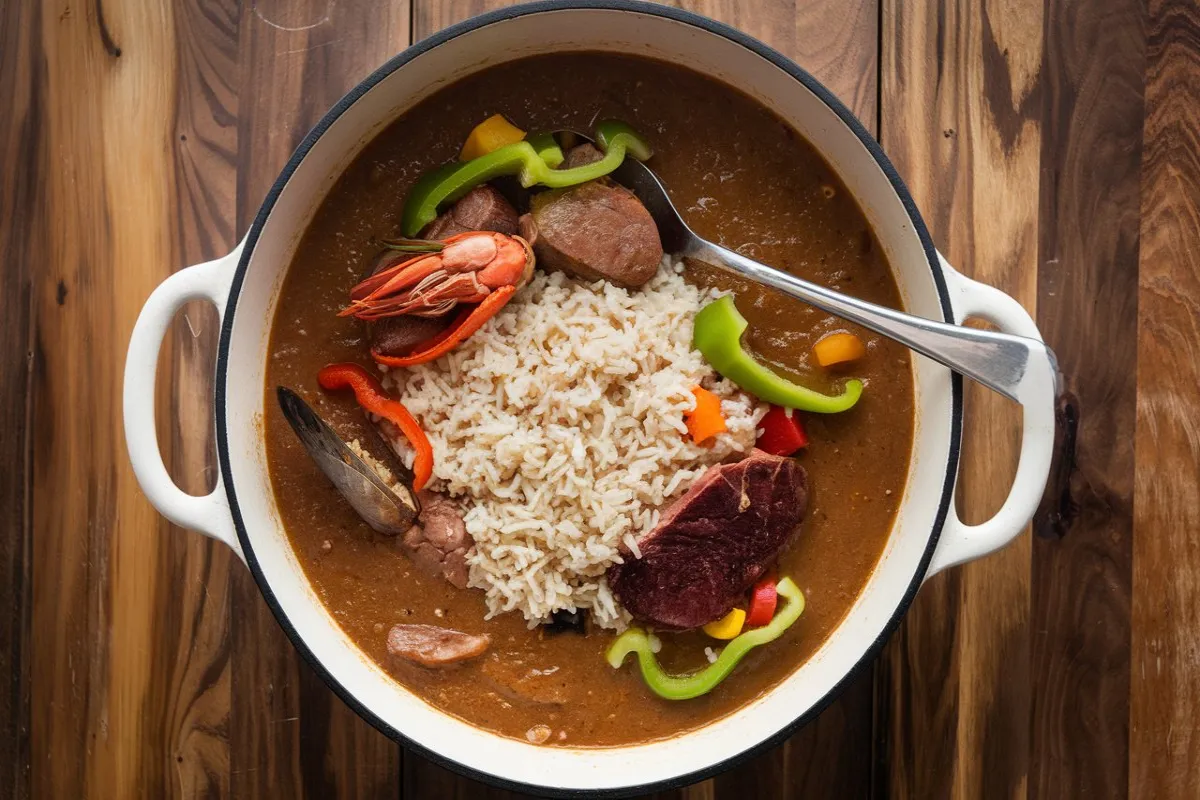 What is a traditional gumbo made of ? 1 A bowl of traditional gumbo with chicken, sausage, shrimp, and okra, served over white rice, highlighting key ingredients.