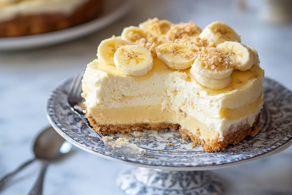 banana pudding cheesecake 1 "Close-up of a creamy banana pudding cheesecake topped with whipped cream, banana slices, and vanilla wafer crumbs."