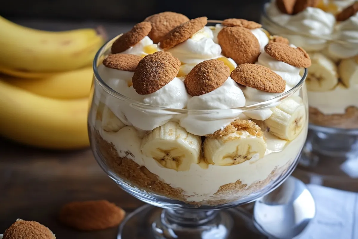 What can you use in banana pudding instead of wafers? 1 A creamy banana pudding layered with sliced bananas and graham crackers in a glass dish, topped with whipped cream.