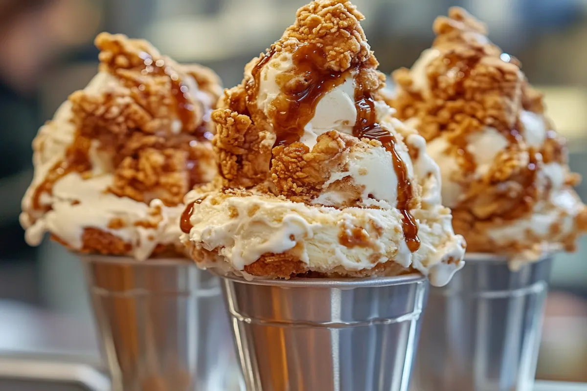 What is fried chicken ice cream made of? 1 Fried chicken ice cream shaped like a drumstick, featuring vanilla ice cream, a white chocolate coating, and crushed cornflakes.