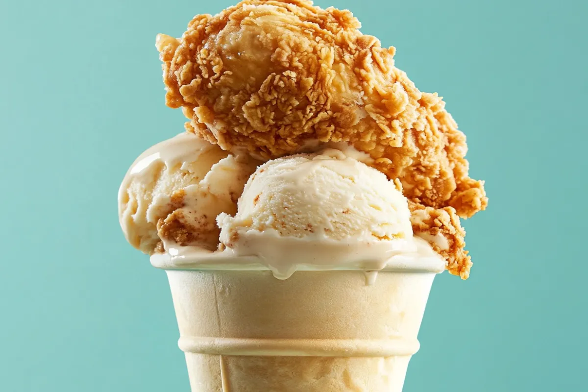 Where can I buy not fried chicken ice cream at Walmart? 1 A close-up of not fried chicken ice cream, featuring a vanilla ice cream core with a white chocolate and cornflake coating shaped like a drumstick.
