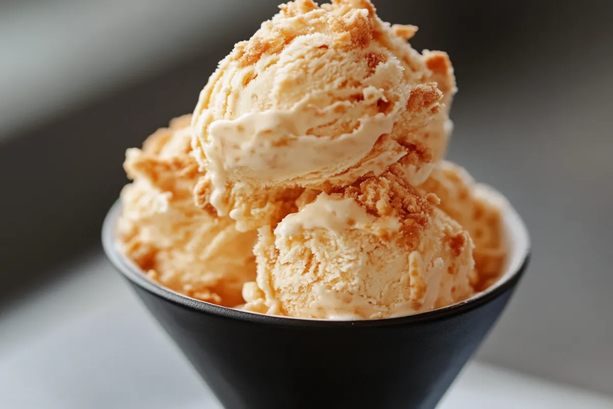 What does the not fried chicken ice cream taste like? 1 A close-up of not fried chicken ice cream showing its vanilla ice cream core and crunchy cornflake coating, mimicking fried chicken.