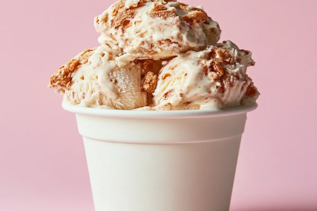 What does the chicken ice cream taste like? 1 Close-up of chicken ice cream with a crunchy cornflake crust and creamy vanilla ice cream inside, mimicking fried chicken.