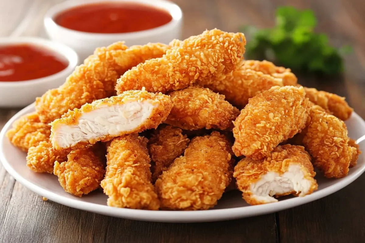 What are chicken fries made of? 1 "Crispy chicken fries served with dipping sauces like BBQ, ranch, and honey mustard."