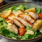chicken caesar salad 9 "Freshly made Chicken Caesar Salad with grilled chicken, crispy croutons, Parmesan cheese, and Caesar dressing on a white plate."