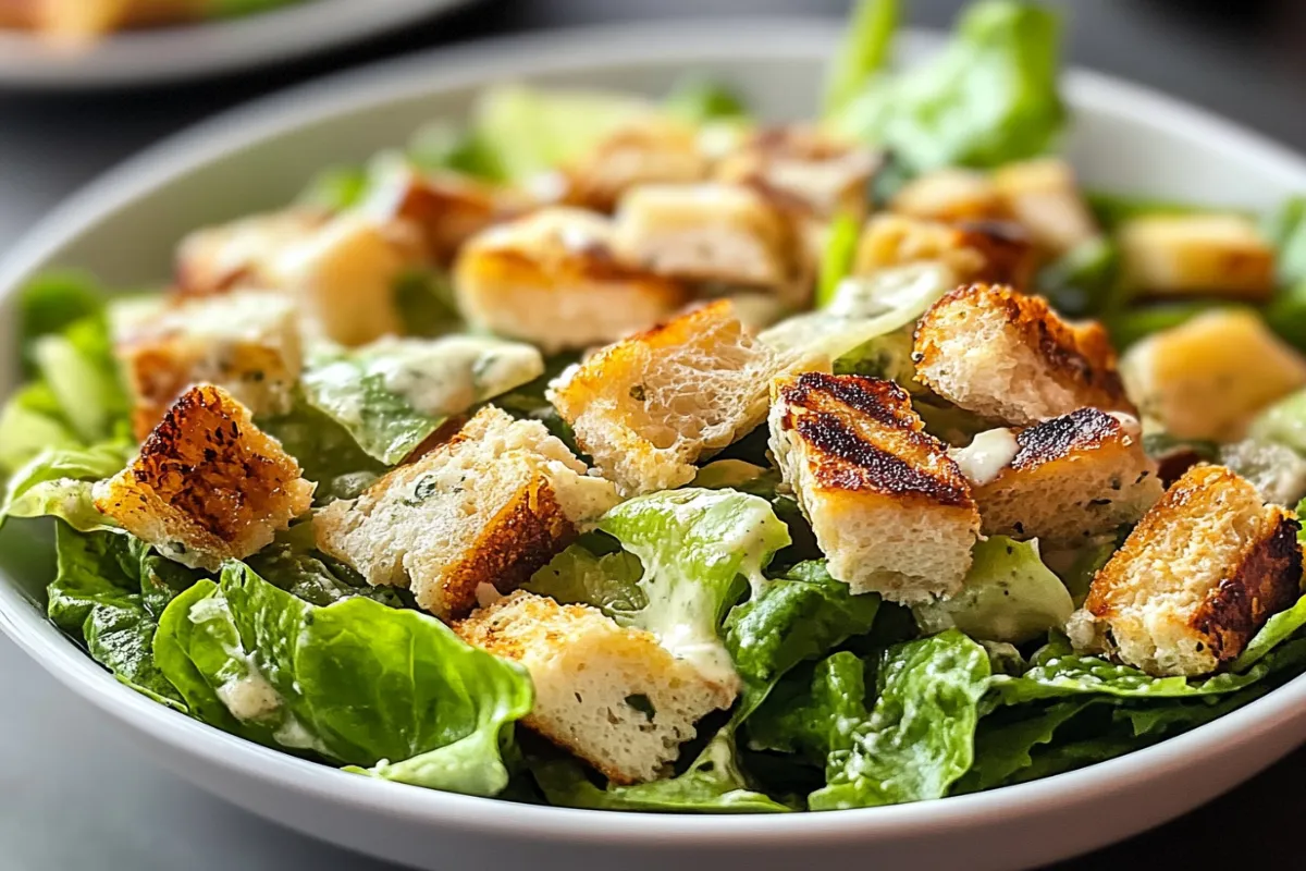 What is Caesar salad made of? 1 A bowl of Gordon Ramsay's Caesar salad with romaine lettuce, homemade croutons, and freshly grated Parmesan cheese.