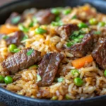 steak fried rice 9 "Steak fried rice with tender beef, vegetables, and jasmine rice in a skillet, garnished with green onions"